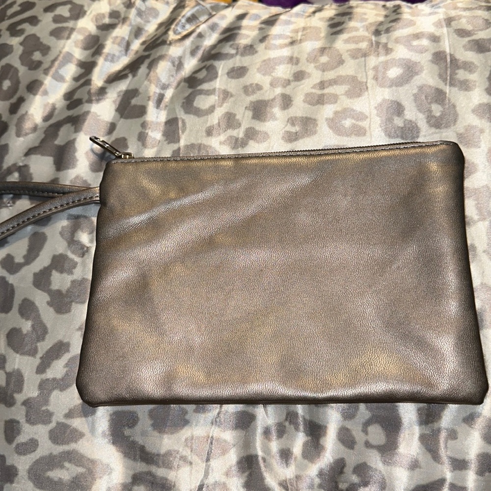 Fancy forest metallic gray zipper cosmetic bag with silver accents wristlet